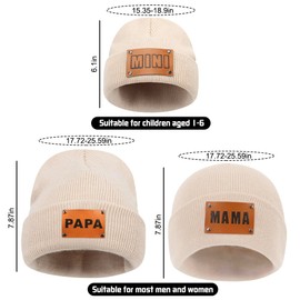 ZUYYON 3 Pcs Parent-Child Beanie Hats Mama PAPA Mini Leather Patch Winter Knit Cap Warm Cuffed Cap Matching Family Beanie Hat, Beige, One Size