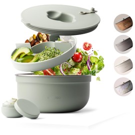MAMEIDO Salad Box to Go 1.5 L, Bowl Lunch Box Adult Made of Stainless Steel, Bento Box, BPA-Free with Compartments & Leak-Proof Dressing Container, Meal Prep Food Box (Desert Sage, 1500 ml)