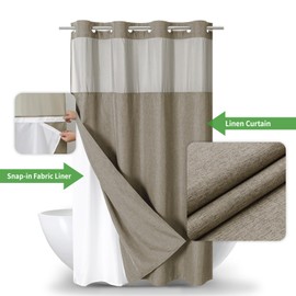 eachope Stall No Hooks Needed Linen Textured Shower Curtain with Snap-in Fabric Liner Set,Hotel Luxury Decor Farmhouse Shower Curtains for Bathroom,Waterproof & Washable,54Wx80H,Khaki/Tan