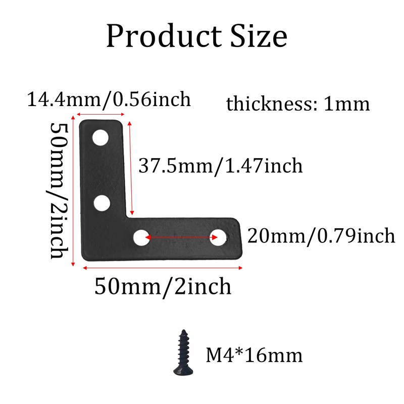 bociloy 20PCS 2”x2” Black Flat L Corner Brackets, Metal Right