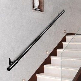 3.3ft Staircase Handrail Black Pipe Handrail, Metal Hand Rails for Indoor Stairs, 1.25" Pipe with Wall Mount Support, 440LBS Load Capacity Loft Porch Grab Bar for Steps (3.3ft, Black)