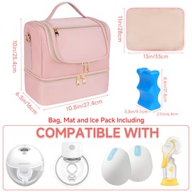 Jaffzora Wearable Breast Pump Bag with Cooler Compartment Fits for Willow/Elvie/Momcozy M5/S12 Pro/Medela, Breast Milk Travel Tote Bag with Ice Pack & Waterproof Mat,Pink