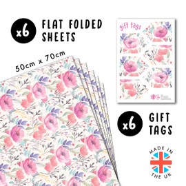 Floral Wrapping Paper - 6 Sheets Aesthetic Birthday Wrapping Paper - Pastel Pink Flowers - Spring - Wedding - With Stickers - From Central 23