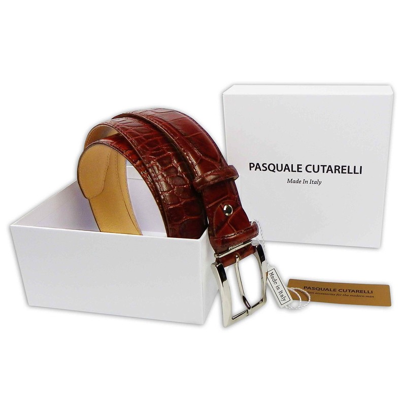 PASQUALE CUTARELLI Mens Crocodile Pattern Italian Leather Belt Burgundy Small