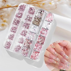 2 Boxes Pink Y2K Nail Decor Set - 12 Grids Glitter Hearts/Stars + 12 Grids Resin Rhinestones for Sparkling Manicure (24 Grids Total)