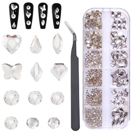 CRASPIRE 810Pcs Silver Nail Rhinestones Kit 6 Shapes Flatback Gems+750Pcs 1.5-4mm Round Glass Charms with Tweezer 3D Resin Crystal Nail Art Glitter Diamond Stone Set for Women Jewelry Decor Supplies