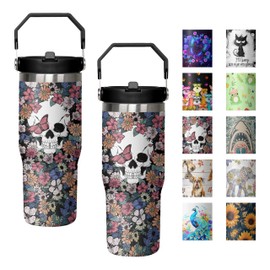mvhsuoem 30 oz Skull Floral Flip Straw Tumbler with Top Handle for Skull Floral Lover Resuable Vacuum Insulated Flip Top Water bottle for Home Office Car