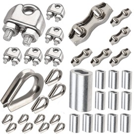 Leaum 36 Piece Wire Rope Clamp Set, with Wire Rope Clamp 4 mm Stainless Steel M4, Wire Rope Thimbles 4 mm and Press Clamp 4 mm Aluminium for Wire Rope, Steel Cable