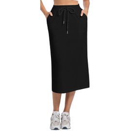 Wrotorea Women's Casual High Waist Elastic Drawstring Stretch Sweat Slit Midi Skirt with Pocket (Black-1,S)