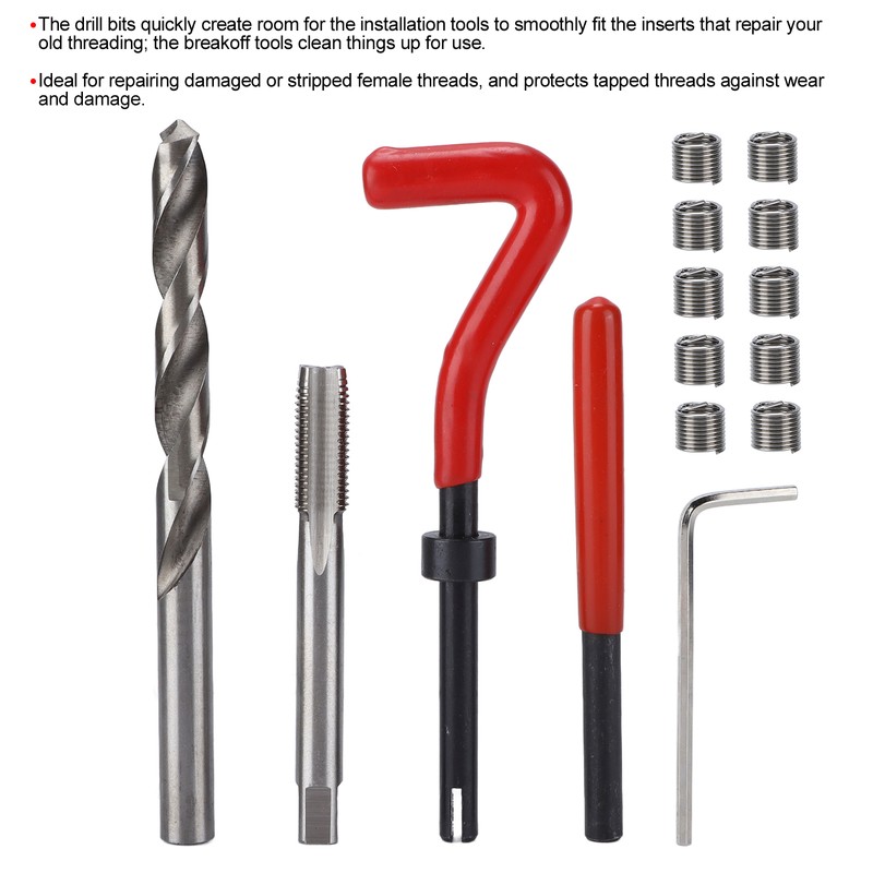 15 Pcs Thread Repair Tool Kit M10x1.25mm Metal Threaded Inserts