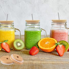Bamboo Lids for Glass Cup, Mason Jar Lids with Straw Hole, Reusable Wooden Jar Lids for 16orz Beer Can Cups, Glasses and Straw Not Included (3 Pieces) (Wide Mouth 86mm)