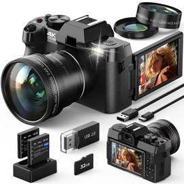 Digital Camera, 4K 48MP Cameras for Photography, 180° Flip Screen Camera with 16X Digital Zoom and WiFi Auto-Focus Vlogging Camera for YouTube with 32GB TF Card. Wide-Angle & Macro Lens S100-ZXWM