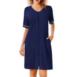 Ekouaer Women Zipper Robes Short Sleeves Housecoat Lightweight Bathrobes Zip Up Robe Casual Nightgown with Pockets Navy Blue,Large