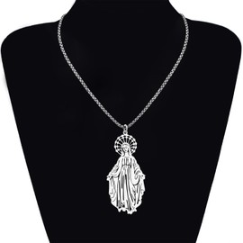 OUSIO Stainless Steel 18K Gold Plated Dainty Virgin Mary Necklace Angel Pendant Jewelly Charms Religious Gifts for Women Christian (Silver Plated)