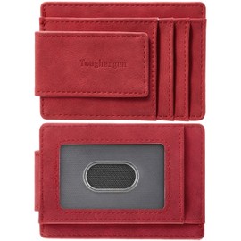 Toughergun Slim Minimalist Wallet for Men with Magnetic Money Clip Leather Wallet, Credit Card Holder RFID Blocking Front Pocket Holds Cash and Cards(Red)