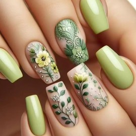 24 Pcs Green Press On Nails Short Square,YEFIUO Spring Summer Floral Fake Nails Press ons Nail Art Tips Acrylic Nail Kit Glue on Nails Full Cover False Nails with Flowers Glossy Design for Ma'am