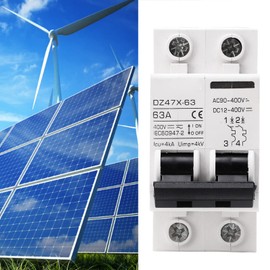2P 63 Amp AC DC Miniature Circuit Breakers, DC 12-400V, AC 90-400V, Guide DIN Rail Mount Solar Disconnect Switch, Flame Retardant Circuit Breaker for Solar Panels Grid System