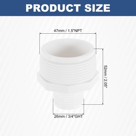 sourcing map Garden Hose Adapter, Male 1.5" NPT x 3/4" GHT Garden Hose Fitting Male Plastic Connector for Tank and Pool Pump Hoses, White