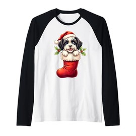 Havanese Christmas Stocking Puppy Dog Lover Holiday Raglan Baseball Tee