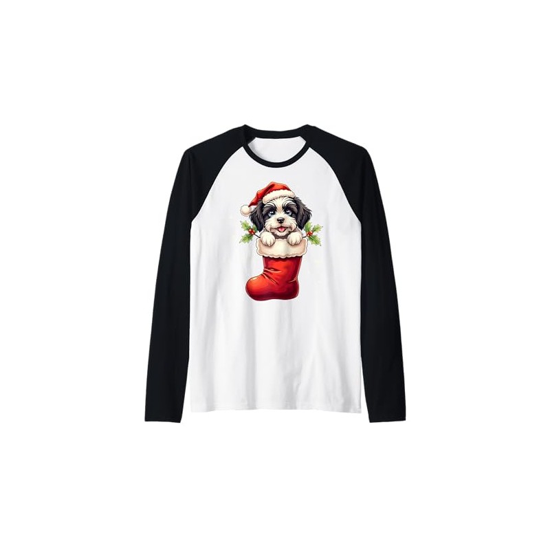 Havanese Christmas Stocking Puppy Dog Lover Holiday Raglan Baseball Tee