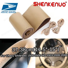 SHENKENUO 15" Steering Wheel Cover Genuine Leather Beige For Chevy Silverado 1500 2500 HD