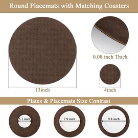 SHACOS Faux Leather 13 inch Round Placemats Set of 6 with Coasters Waterproof Heatproof Embossed Lattice Table Mats Anti Slip Wipe Clean Place Mats Table Decor, Chocolate