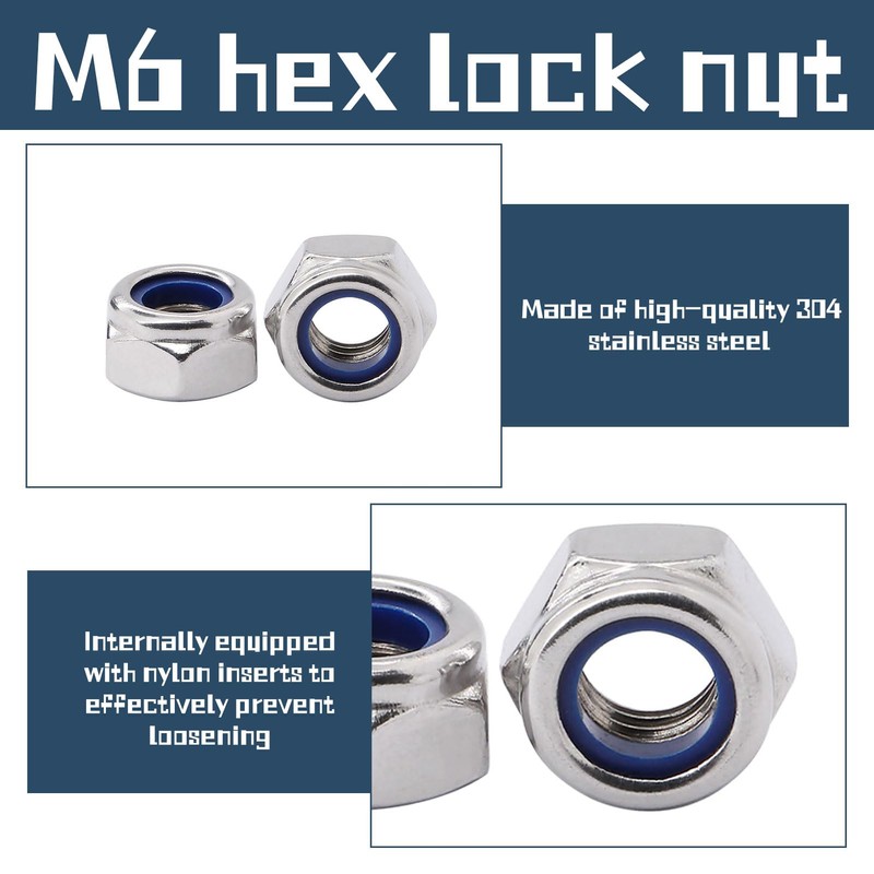 70PCS M6 Nuts,M6 Nyloc Nuts,Lock Tight Thread Lock,Nylon Inserted Hex