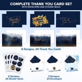 Decorably Thank You Cards With Envelopes & Stickers, Glittery Cards - 24 Pack Blue and Gold Thank You Cards, Blue Thank You Cards With Envelopes, Blank Inside 6x4 Navy Thank You Cards With Envelopes