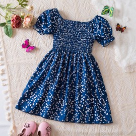 NNJXD Princess Girl Floral Summer Dress Casual Smocked Baby Girl Holiday Dresses 2102 Navy Blue Size(5Y) 4-5 Years