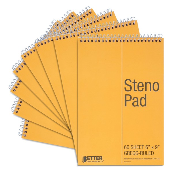 Better Office Products Spiral Steno Pads, 8 Pack, 6 x 9 inches, 60 Sheets, White Paper, Gregg Rule, Natural Board Cover, 8 Steno Notebooks