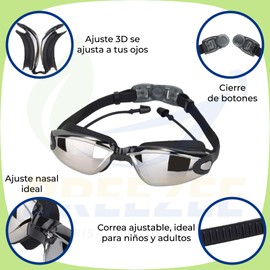 BREEZEE Goggles de Natación Antivaho Ajustables, Tapones de Oido Integrados Incluye Set de Gorro de Silicona, Bolsa transportadora, Funda a Prueba de Agua y Pinza para la Nariz, para Adultos y Niños