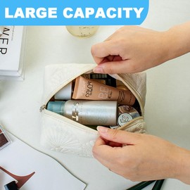 Makeup Bag for Women,Large Quilted Cosmetic Organizer Pouch Cute Floral Cotton Make up Bag Puffy Portable Travel Toiletry Bag Girls Zipper Waterproof Storage Bags,White Shell