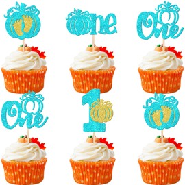 24 piezas de decoración de calabaza, uno para magdalenas, pies de bebé, calabaza, primer cumpleaños, para cosecha de otoño, baby shower, niños, fiesta de primer cumpleaños, decoración de pasteles, suministros de decoración de pasteles, color azul