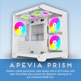 Apevia Prism-WH Prism Micro-ATX Gaming PC Cube Case w/ 5X 120mm ARGB Fans, 366 RGB Modes, Dual Tempered Glass Panels, 240mm Radiator Support, 1X USB3.0, 2X USB 2.0, HD Audio Port, White