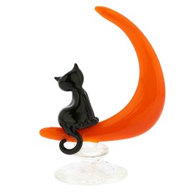 Glass Of Venice Murano Glass Cat On The Moon Statue 5” Handmade Italian Black Kitten Figurine Sculpture