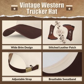 BELTROAD Vintage Western Trucker Hat Mens Texas Country Trucker Hat with Adjustable Snapback Retro Cowboy Pattern Design, Boots/Beige Coffee