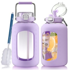 WINSA Large Glass Water Bottles with Stainless Steel Handle,100 oz Gallon Drinking Bottle with 2-in-1 Straw Lid,3 Liter Glass Water Jug with Silicone Sleeve,Wide Mouth,Purple