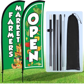 Buryeah 2 Sets 7ft Farmers Market Open Feather Flags Banners for Advertising, Farmers Market Flag with Flagpole Ground Stake Portable Bag for Business (Green)