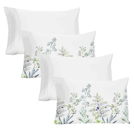 YIYEA Pillow Cases Standard Size Set of 4, Ultra Soft 1800TC Hotel Quality Double Brushed Microfiber Embroidered Pillowcases and Floral Pillow Covers, Envelope Closure, Fade Resistant (20"x26")