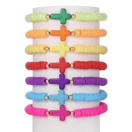 Heishi Surfer Bracelets Set for Women Men Bohemian Rainbow Stackable Clay Beaded Bracelets Christian Cross Gifts Disc Stretch Preppy Layering Colorful Friendship Summer Beach Bracelets-A