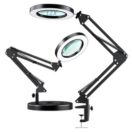 HITTI 【Upgraded】 12X LED Magnifying Lamp, 1,800 Lumens Stepless Dimmable, 3 Color Modes, 8-Diopter 4.2″ Real Glass Lens Magnifier Desk lamp, Magnifying Light and Stand for Crafts Reading Close Work