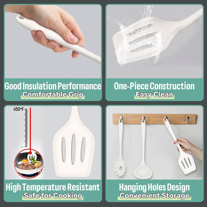 E-far Silicone Cooking Utensils Set, 7-Piece White Heat Resistant Kitchen