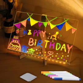 LED Note Board with Colors - Acrylic Dry Erase Board with Light - Glowing Acrylic Message Marker Board - LED Drawing Board for Kids with Stand and 7 PCS Color Pen (11.8 * 7.9in)