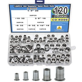 CO-RODE 120pcs 8-32 10-32 1/4"-20 5/16"-18 3/8"-16 304 Stainless Steel Rivet Nuts Nutserts Assortment Kit
