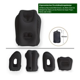 Aufblasbares Reisekissen mit Halsstütze & Augenbinde | Ergonomisches Nackenkissen für Flugzeug, Auto, Camping | 20-Sekunden-Aufblasventil, Wasserdichtes PVC, Tragetasche + Ohrstöpsel (schwarz)