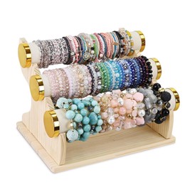 Ikee Design Wooden 3-Tier Bracelet Display Stand, Bangle Organizer Holder for Scrunchie, Jewelry for Store, Showcase, Home Storage, Beige Color, 11.7W x 9.2" D x 8.2H in