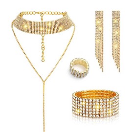 JONKY Rhinestone Jewelry Set Crystal Choker Necklace Sets Tassel Wedding Jewlery Costume Prom Accessories for Women