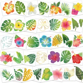 HOWAF 72PCS Hibiscus Glitter Tattoos Palm Leaves Temporary Tattoos for Aloha Party Decoration, Summer Flower Face Tattoos, Tropical Leveas Fake Tattoos Stickers for Kids Women Hawaiian Party Favors
