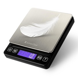 KitchenTour Digital Kitchen Gram Scale - 3000g/0.1g - High Accuracy Precision Food Scale with 9 Units(g/oz/ml/lb/lb:oz/gn/ozt/DWT/ct) - Meat Scale with Back-Lit LCD Display(Batteries Included)