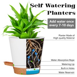 SE SUN-E 12+12Inch 2Pack Large Flower Pots for Indoor/Outdoor Plants,Self Watering Planters with Reservoir and Drainage Hole White Plastic Planting Pots Modern Home Decor Gift Idea